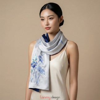 Khăn lụa 2 mặt xanh nhạt & navy thêu hoa sen 40*200 cm